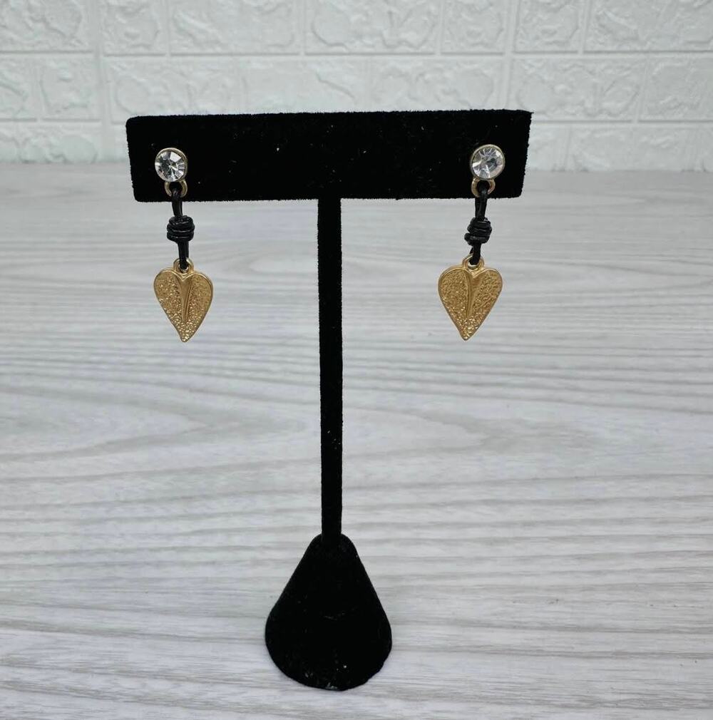 Golden Heart Dangling Earrings Pair Clear Stone Leather Cord Gold Heart Charm